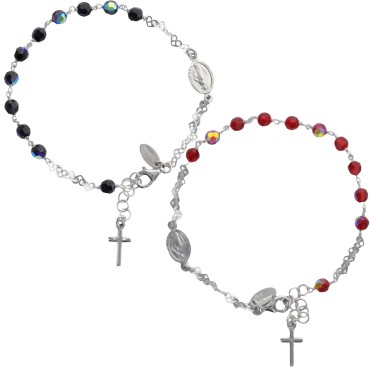Bracelet argent 925 °/°° ajustable sur chaine, grains facettes Ø 3 mm (3 g) avec medaille VM & croix + boîte. 2 teintes dispos.